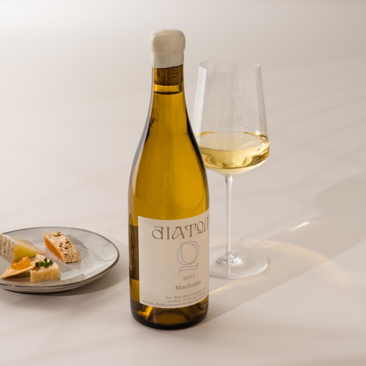 Diatom wine bottle with wine glass and cheese 
