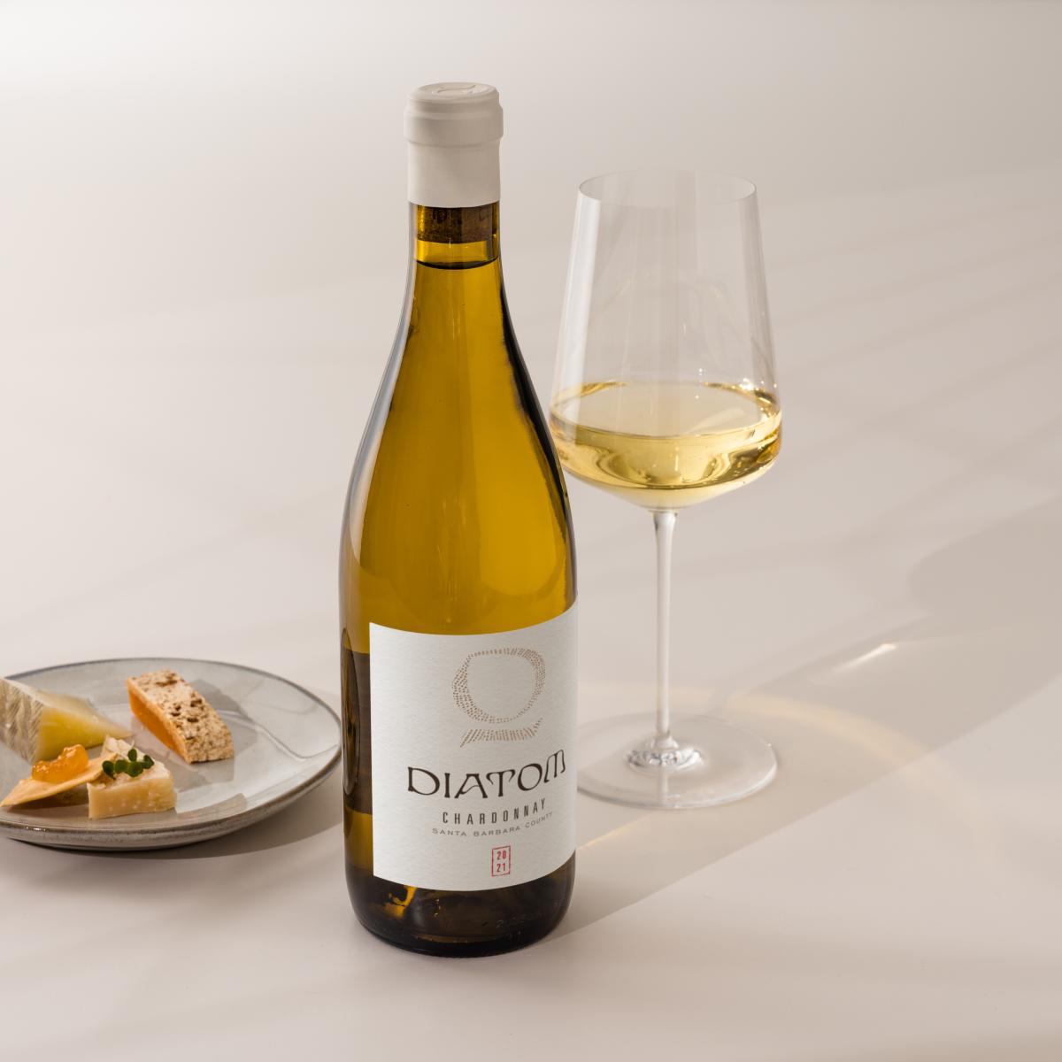 Diatom Chardonnay with wine glass and cheese 