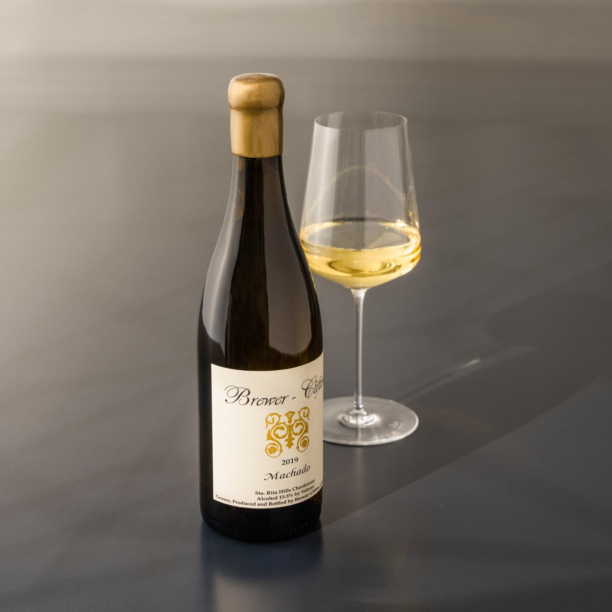 2019 Machado Chardonnay with wine glass 