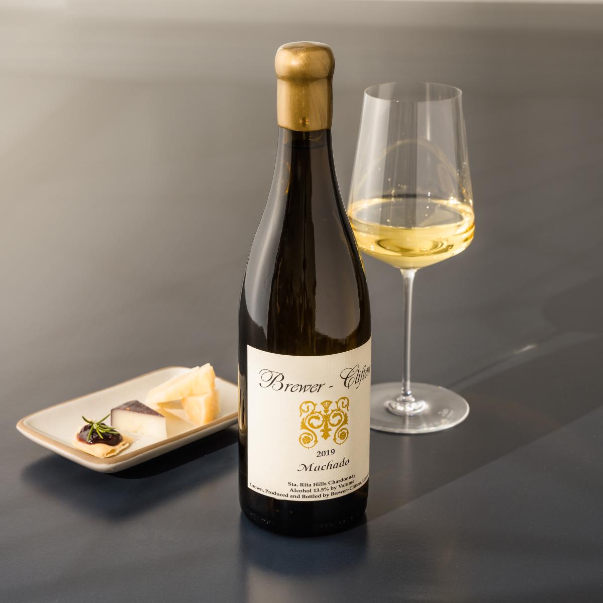 2019 Machado Chardonnay with wine glass and cheese 