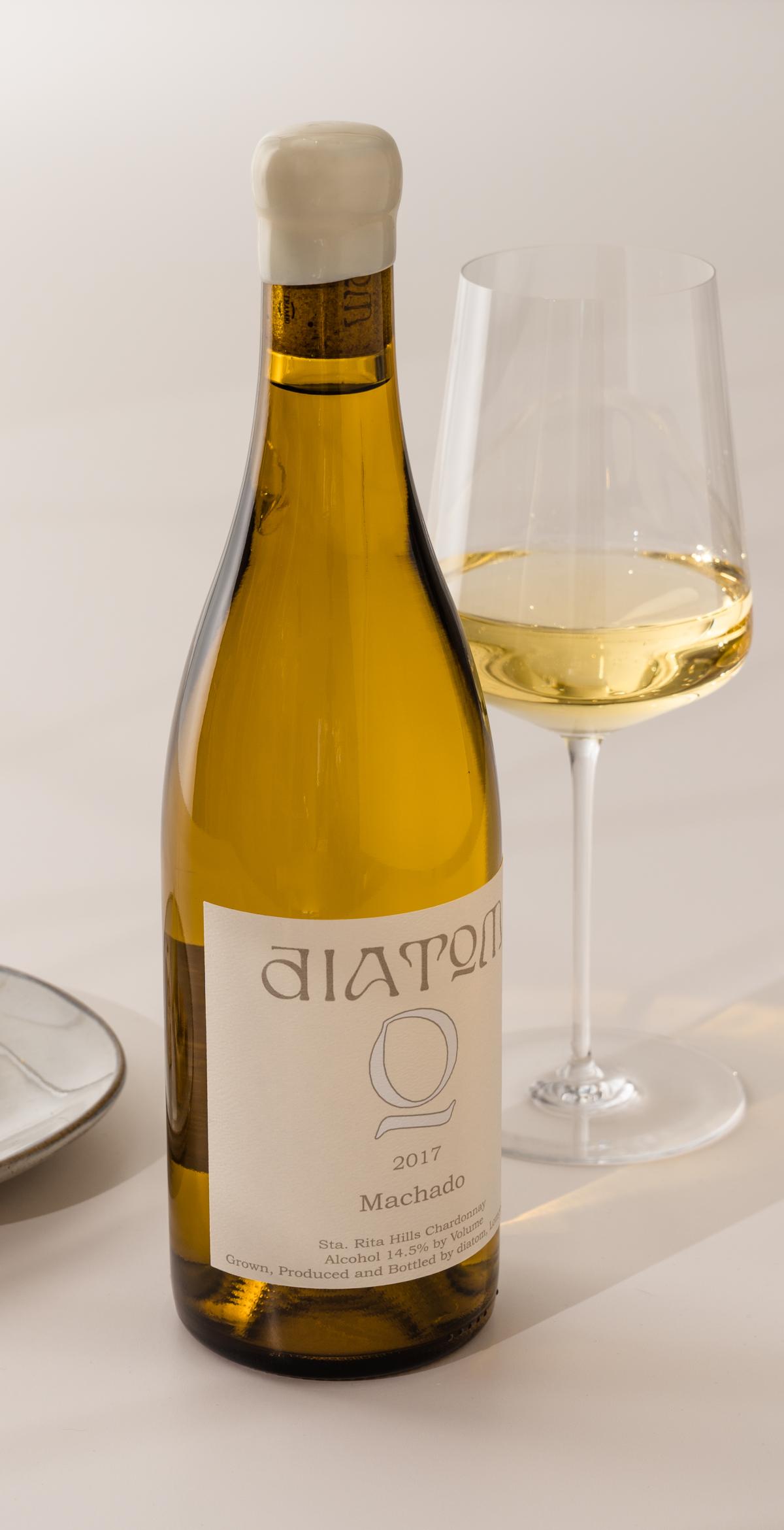 Diatom wine bottle with wine glass and cheese 