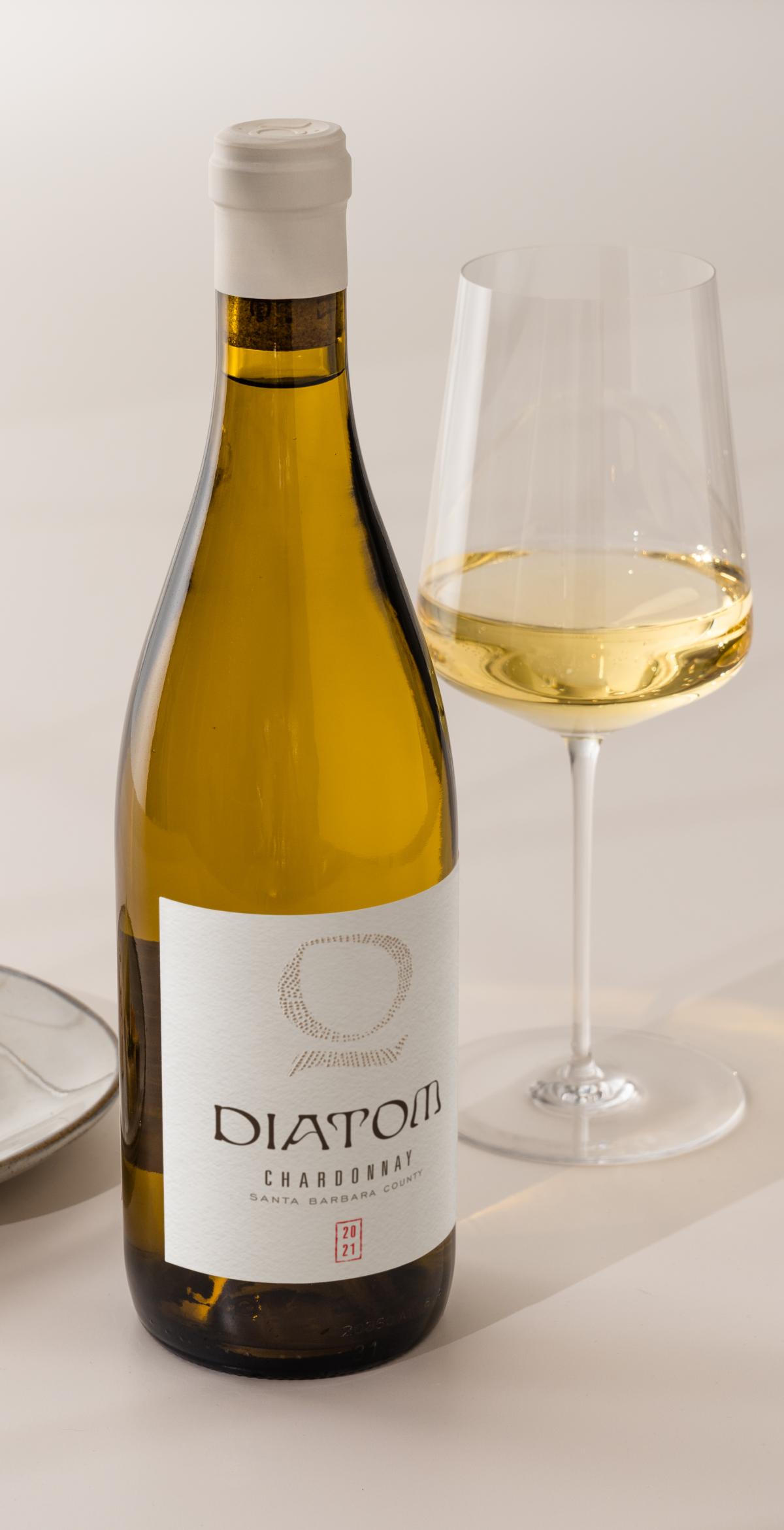 Diatom Chardonnay with wine glass and cheese 