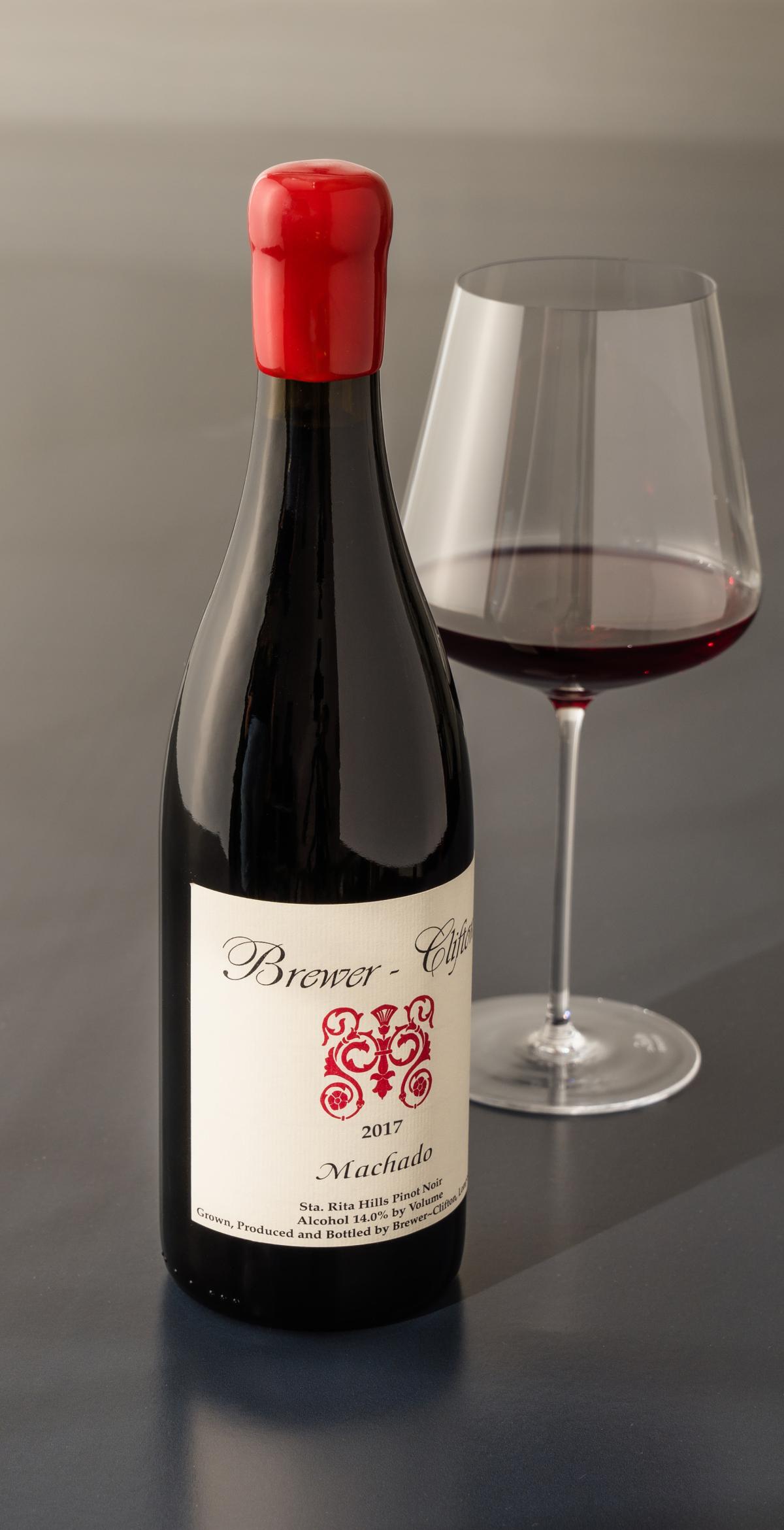 Brewer-Clifton Machado Pinot Noir 2017 with wine glass 