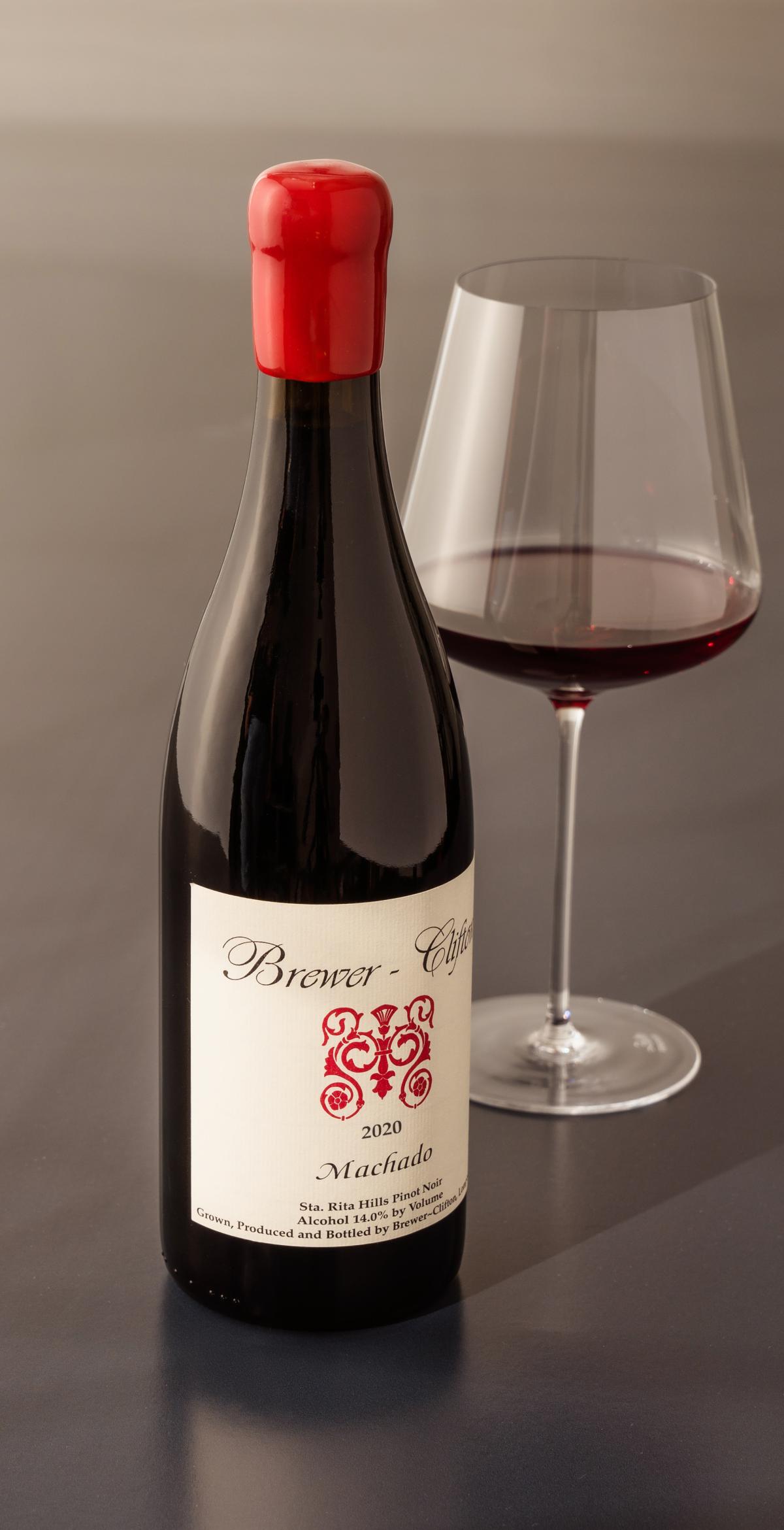 side Machado Pinot Noir bottle shot with wine 