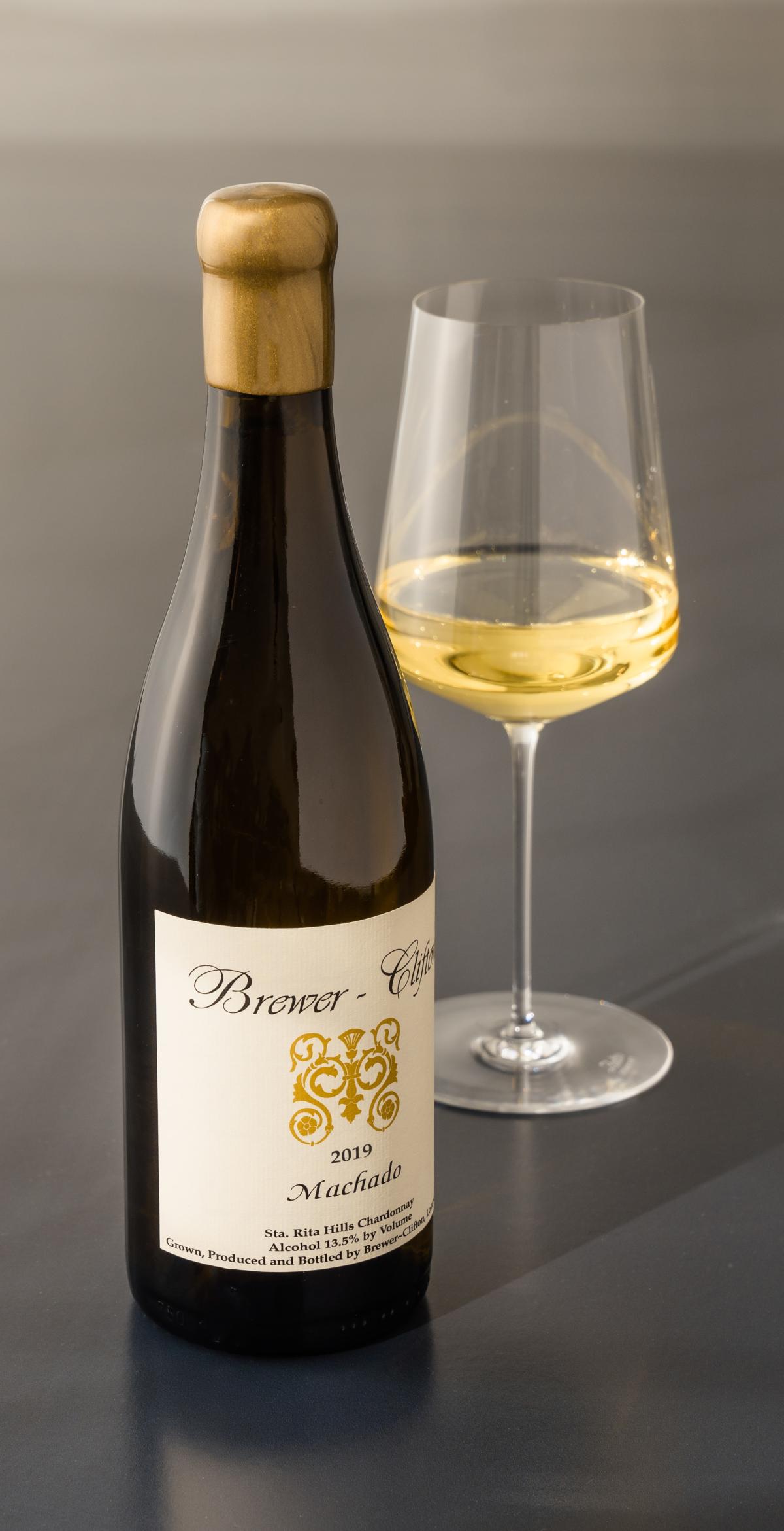 2019 Machado Chardonnay with wine glass 