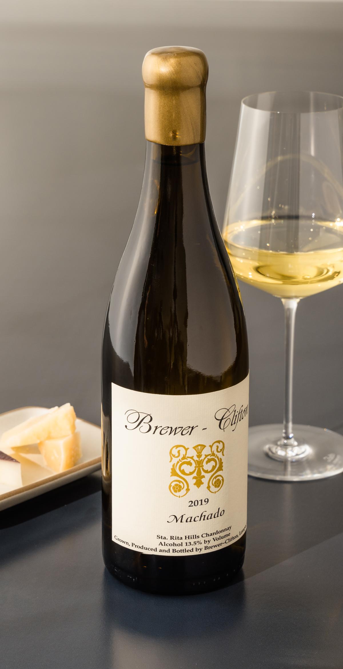 2019 Machado Chardonnay with wine glass and cheese 