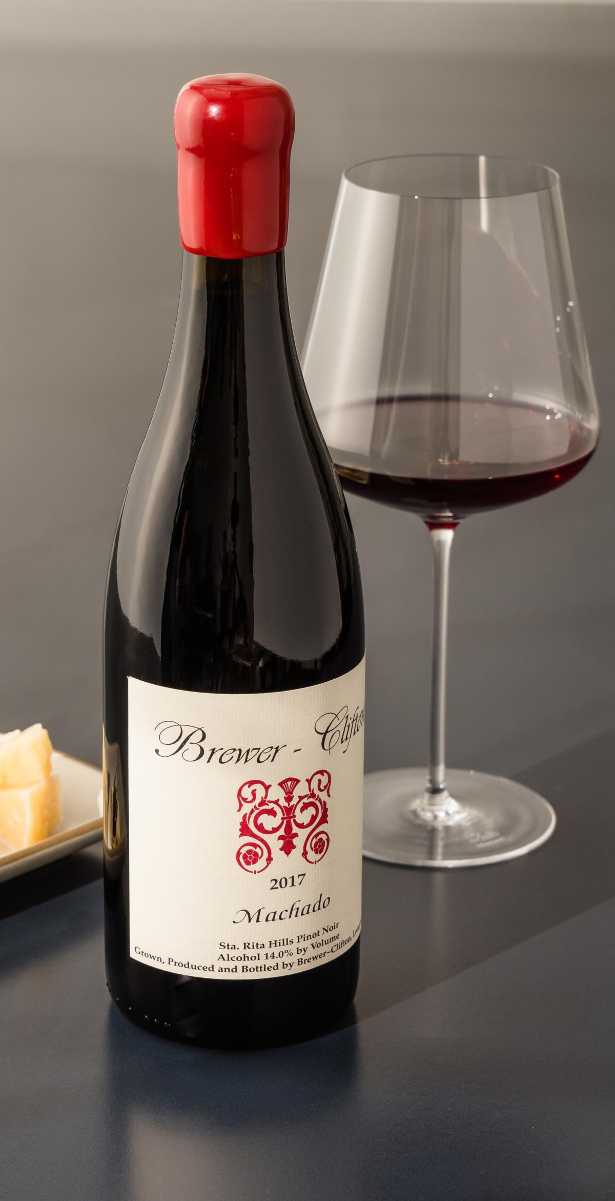 Brewer-Clifton Machado Pinot Noir 2017 with wine glass and cheese 